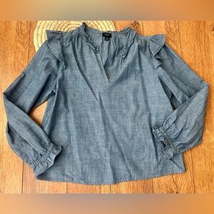 J. Crew Chambray Ruffle-Collar Blue V-Neck Long Sleeved Women's Top